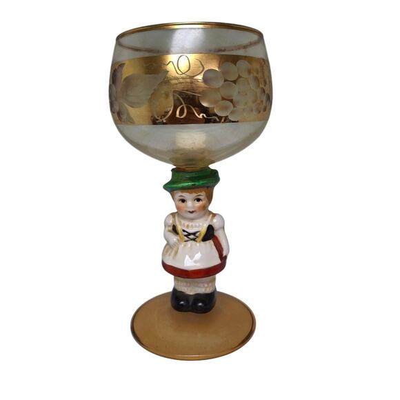 Vintage Hummel Goebel Girl w Hat Gold Trim Stemmed Liquor Snifter Wine Glass